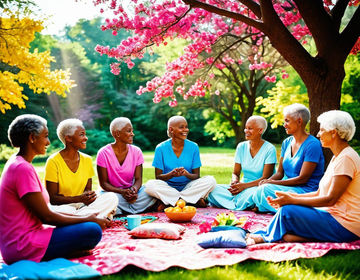 A warm and inviting scene featuring a diverse group of cancer survivors in a supportive group setting, interacting over shared experiences. Include vibrant colors to symbolize hope, with elements of nature like blooming flowers and bright sunlight filtering through trees. Display resources like brochures and comforting items like tea and blankets scattered around. The background should invoke a sense of tranquility and resilience. super-realistic. vibrant colors. soft focus.