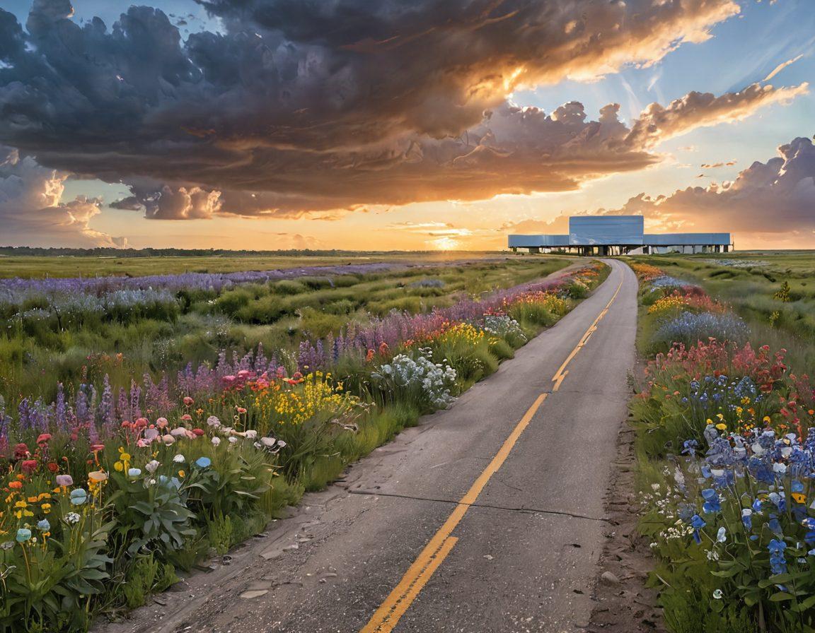 A serene landscape depicting an open road leading into the horizon, symbolizing the journey through cancer research. Alongside the road, colorful wildflowers bloom, representing hope and innovation. In the background, a futuristic lab with scientists working, showcasing high-tech equipment and a patient support area. Soft sunlight breaking through clouds to symbolize breakthroughs in treatment and real-life stories of resilience. vibrant colors. super-realistic.