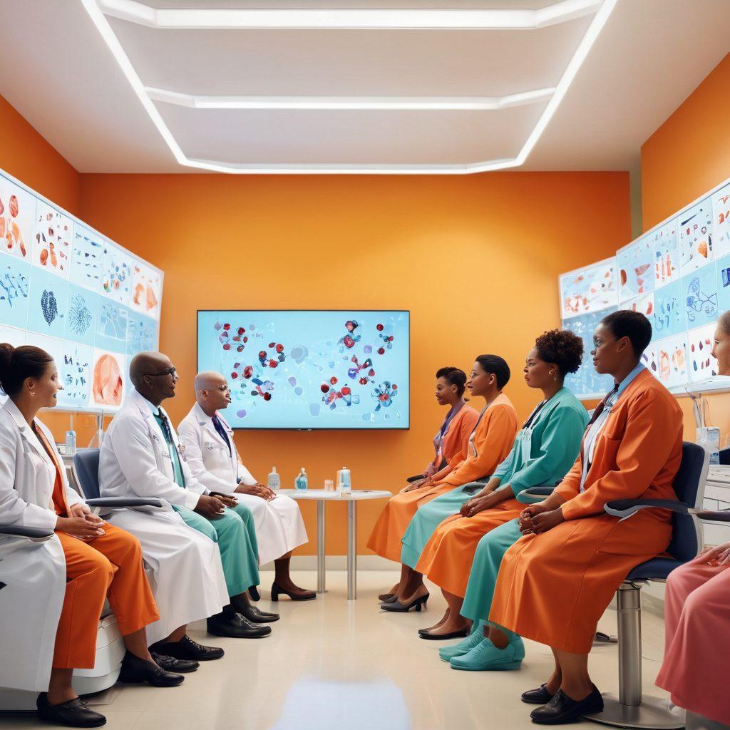 A dynamic and inspiring depiction of a diverse group of patients engaging with oncologists in a bright, modern clinic filled with innovative technology. Incorporate elements representing current cancer research, such as DNA structures and molecular models in the background. Use warm, uplifting colors to convey hope and empowerment. super-realistic. vibrant colors. bright background.